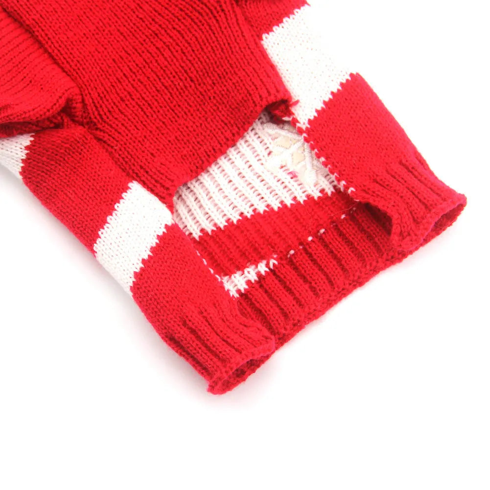 Polyester Christmas pet sweater in Black, Deer, Grey or Red, available in six sizes from XXS to XL with size chart