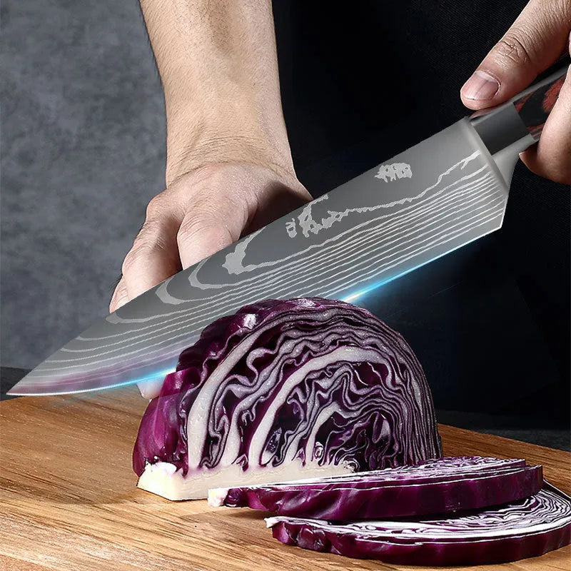 7CR17 stainless steel chef knife with laser Damascus pattern, 30cm long with colour steel handle