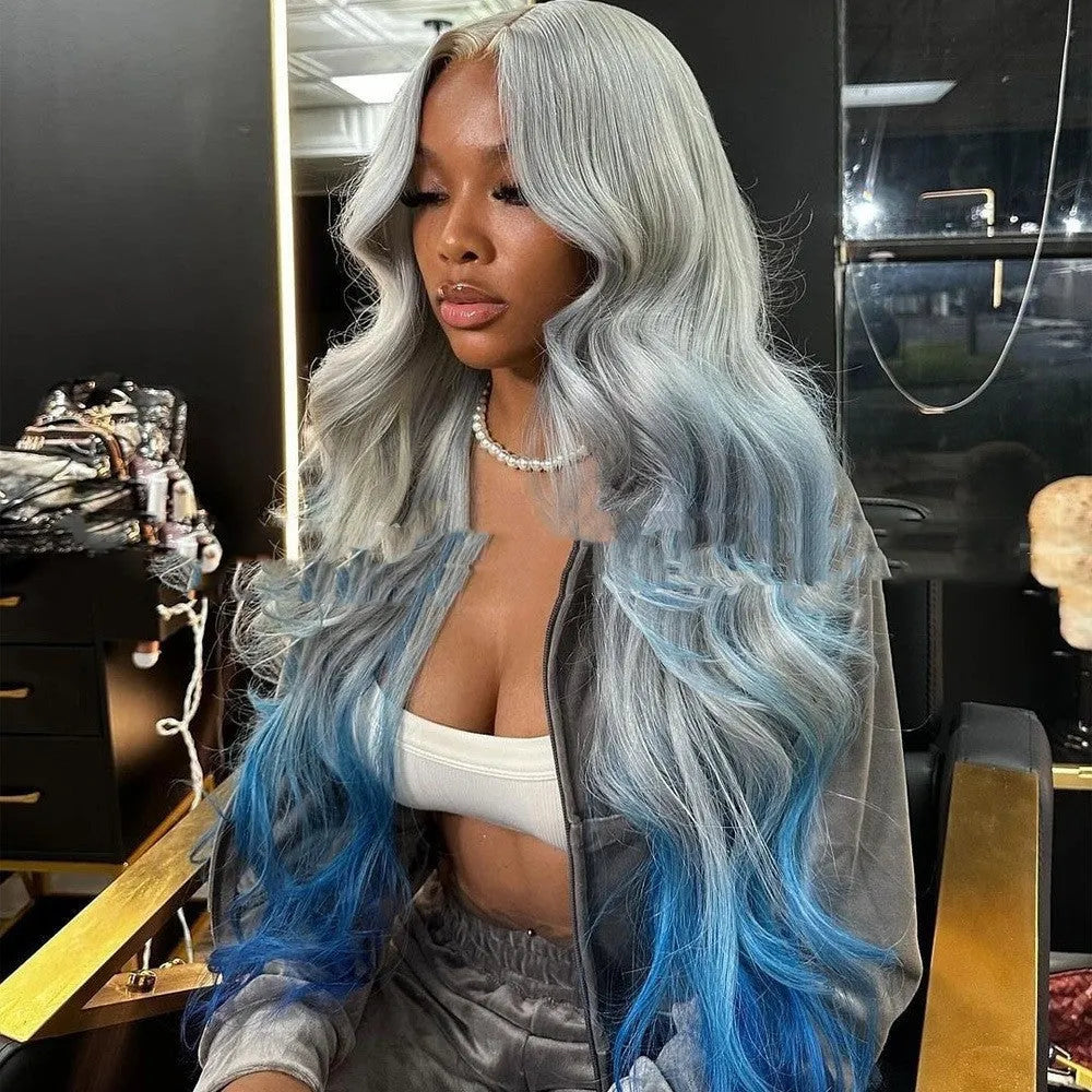 Grey blue gradient ombre human hair wig with lace front construction shown at 22 inch length