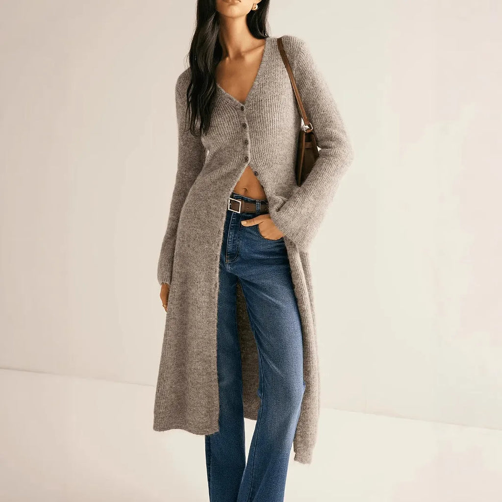 Khaki coloured French-style retro cardigan coat with button front and long sleeves.
