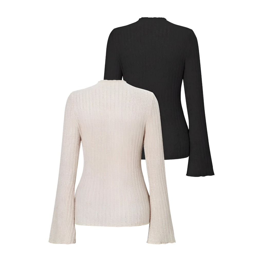 Long sleeve round neck polyester top in black with lantern sleeves, slim fit silhouette