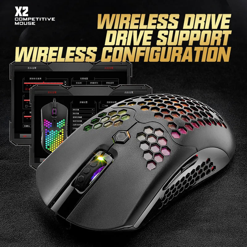 Free Wolf X2 wireless gaming mouse in black, green, pink, white, or yellow with RGB lighting.