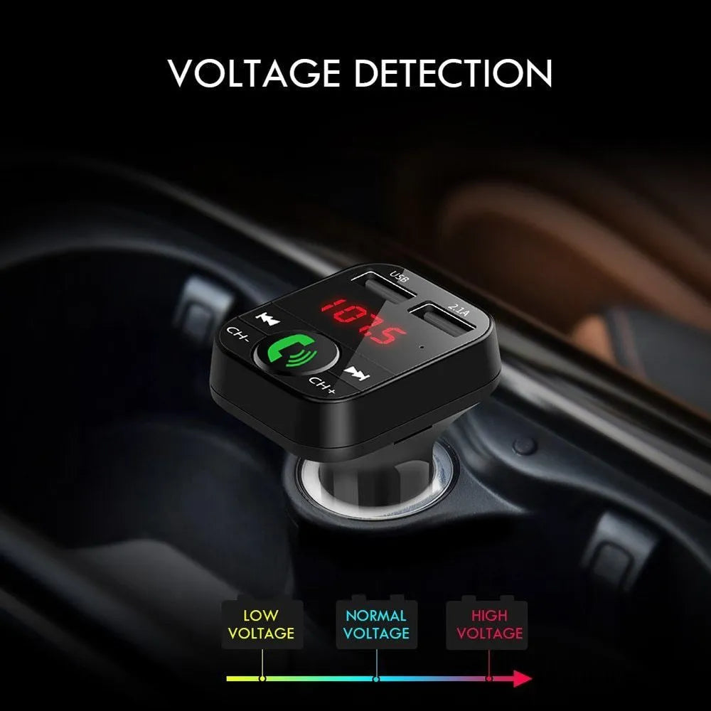 Black FM transmitter car charger receiver with LED screen, USB2.0 interface, TF card slot, and 12-24V cigarette lighter power supply