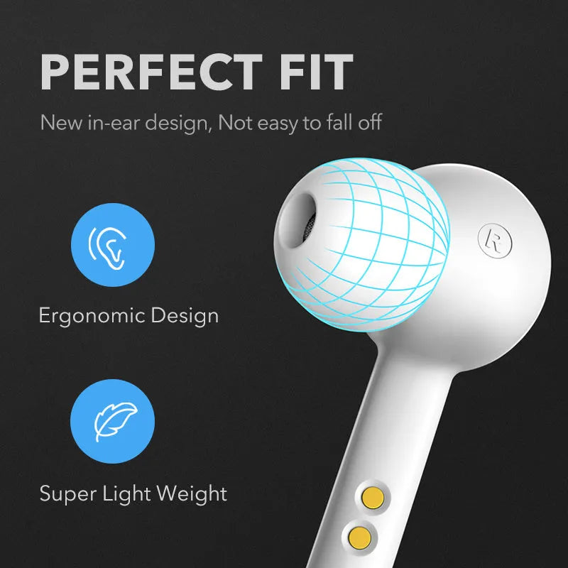 Black and white TWS wireless earbuds with Bluetooth 5.0 and IPX5 waterproof rating