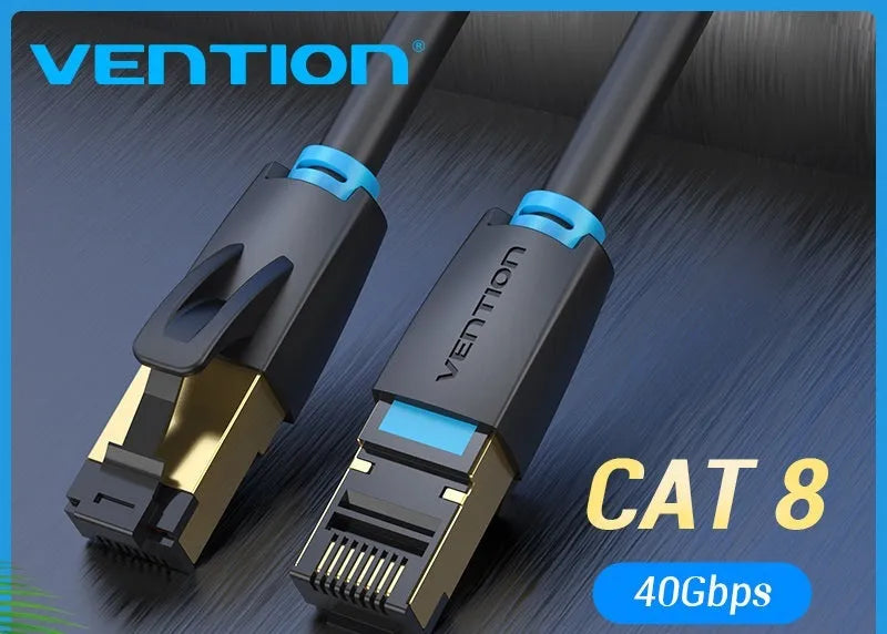 CAT8 ethernet cable with RJ45 connector, available in flat and round styles in various lengths.