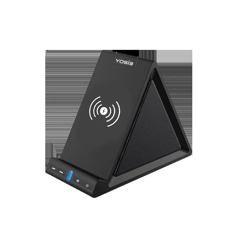 Black multifunctional Bluetooth speaker with built-in mobile phone stand and power bank charging port.