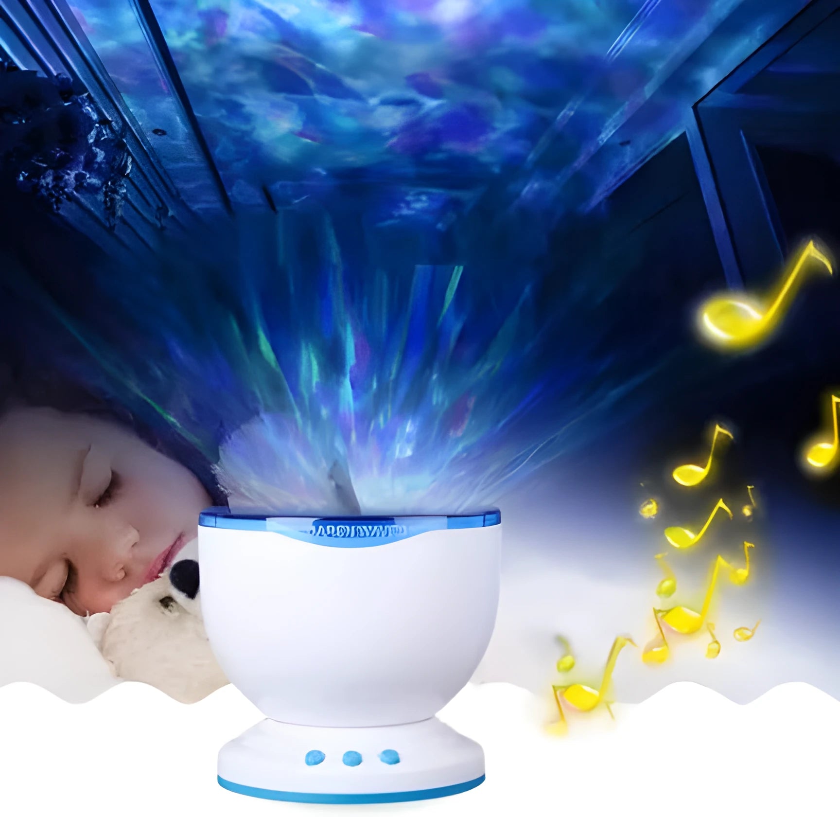 Blue coloured ocean theme LED projection lamp for children's rooms.