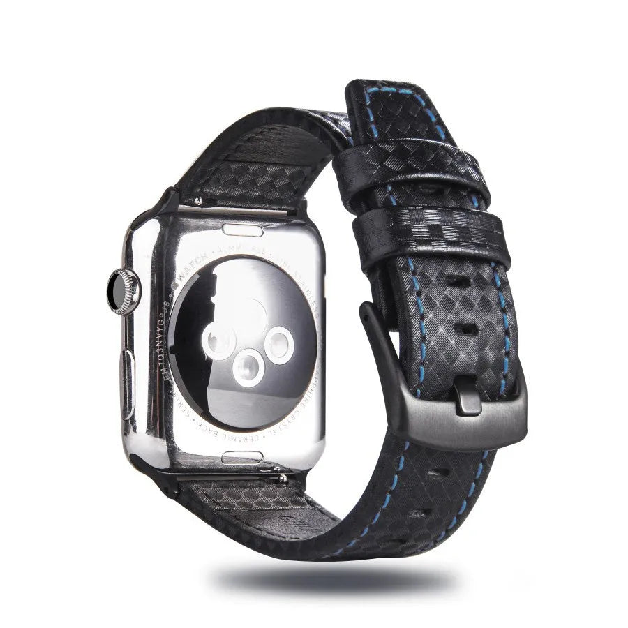 Leather and carbon fibre iPhone watch strap in black, blue, orange, and red for Apple Watch