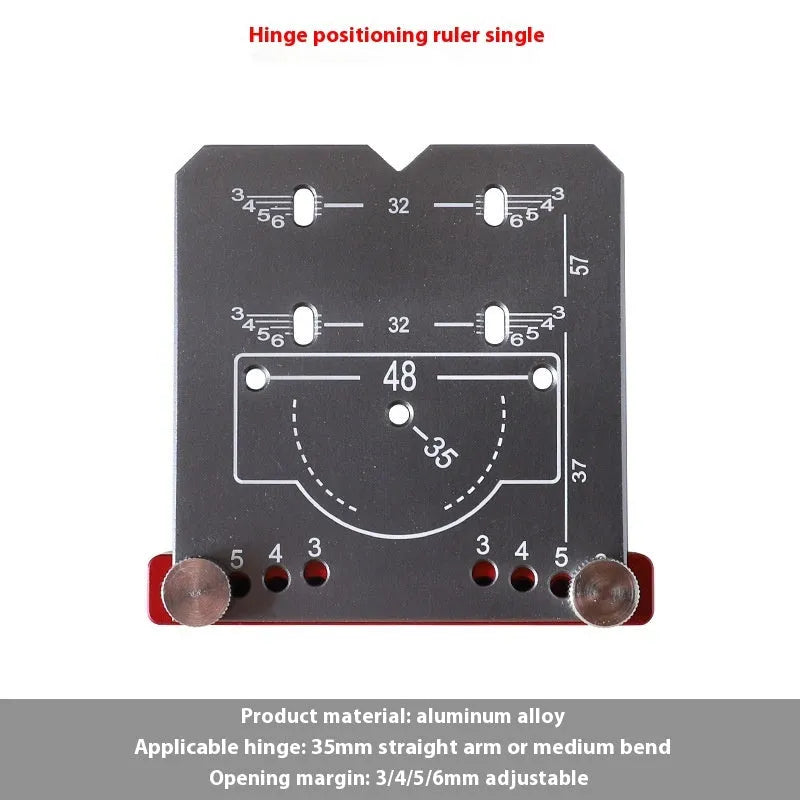 Red hinge punch locator tool for 35mm cabinet hinge installation with adjustable margin settings