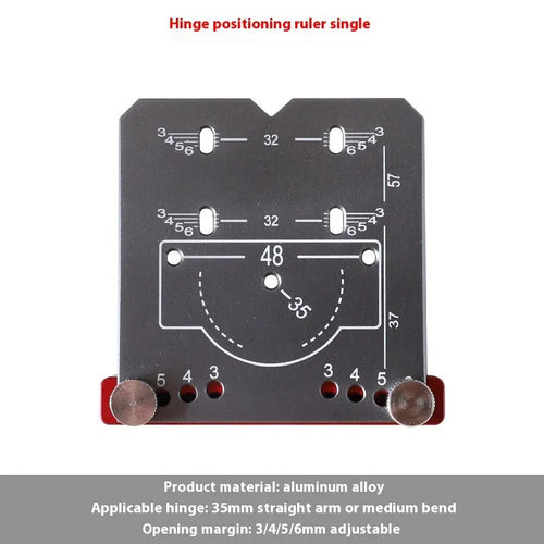 Red hinge punch locator tool for 35mm cabinet hinge installation with adjustable margin settings
