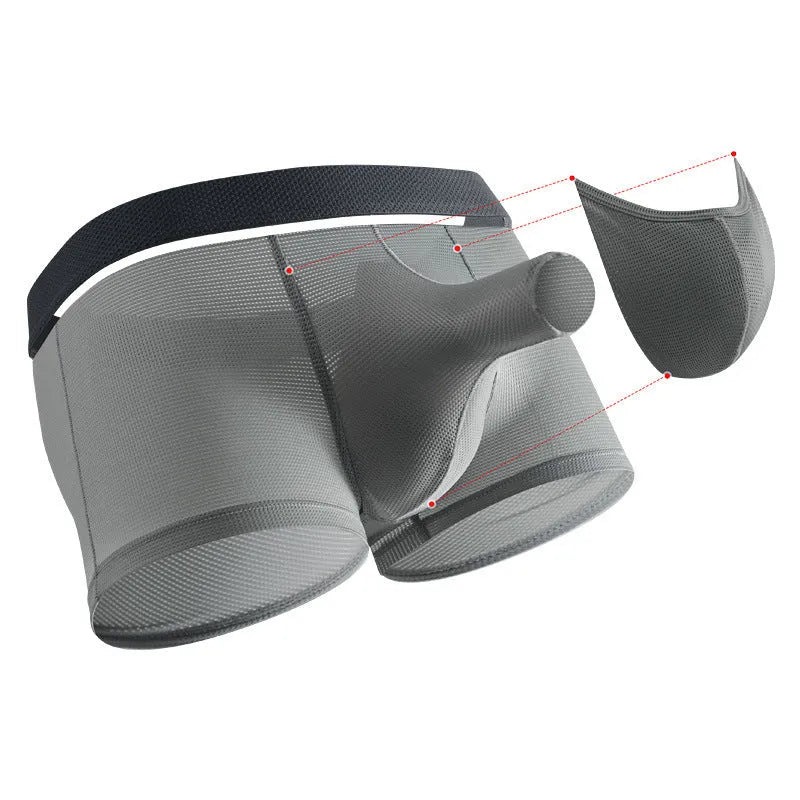 Men's ice silk mesh boxer briefs in black, white, and grey colours showing low waist design