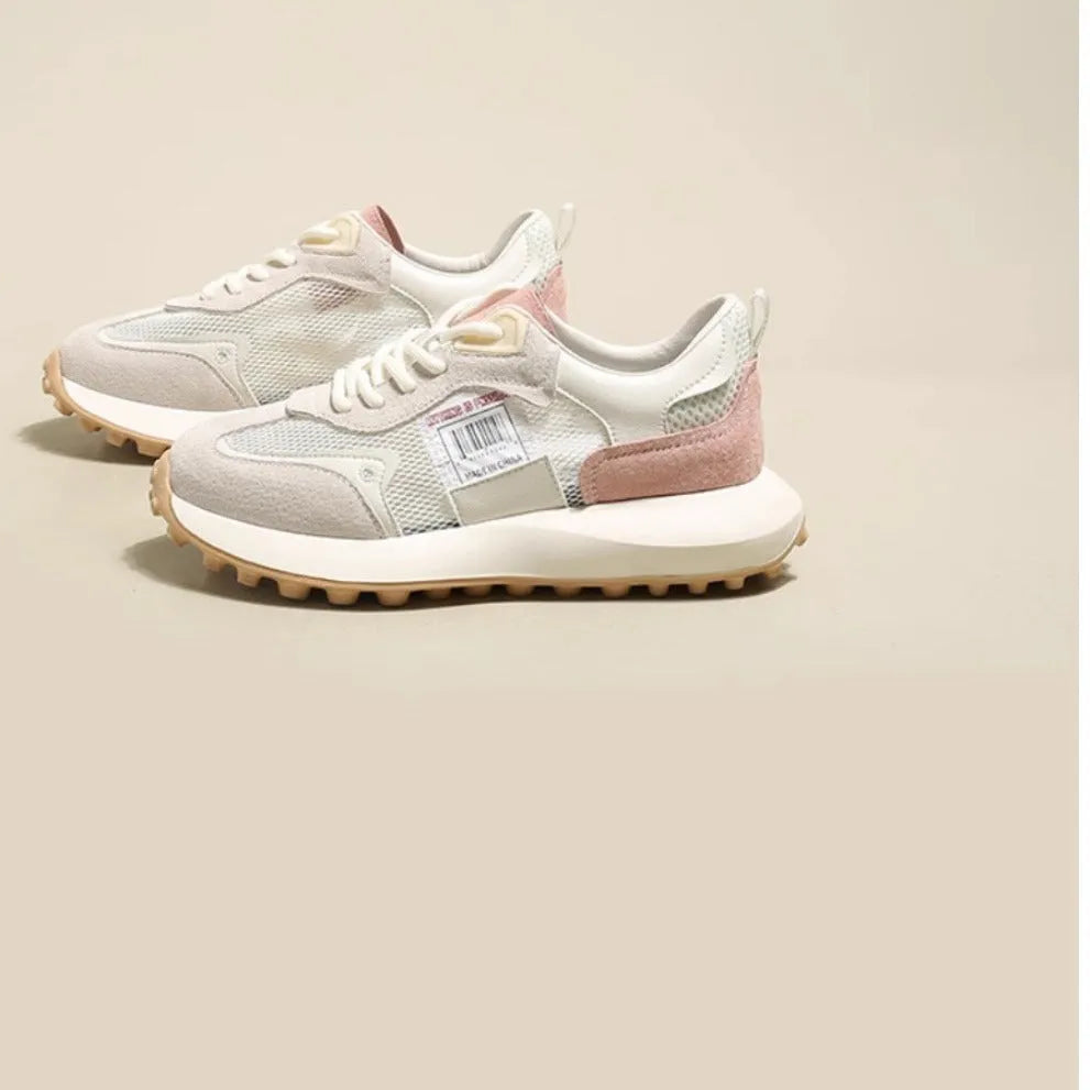 Women's grey and pink retro sneakers with mesh lining and rubber soles in low-top flat heel design