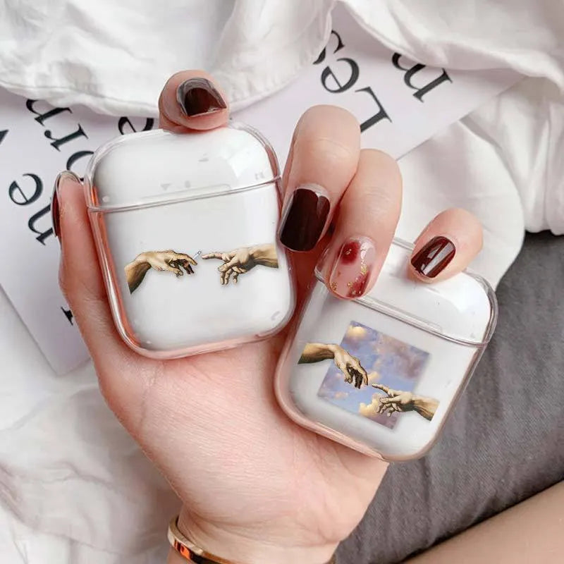 Transparent plastic protective cover for Apple AirPods charging case.