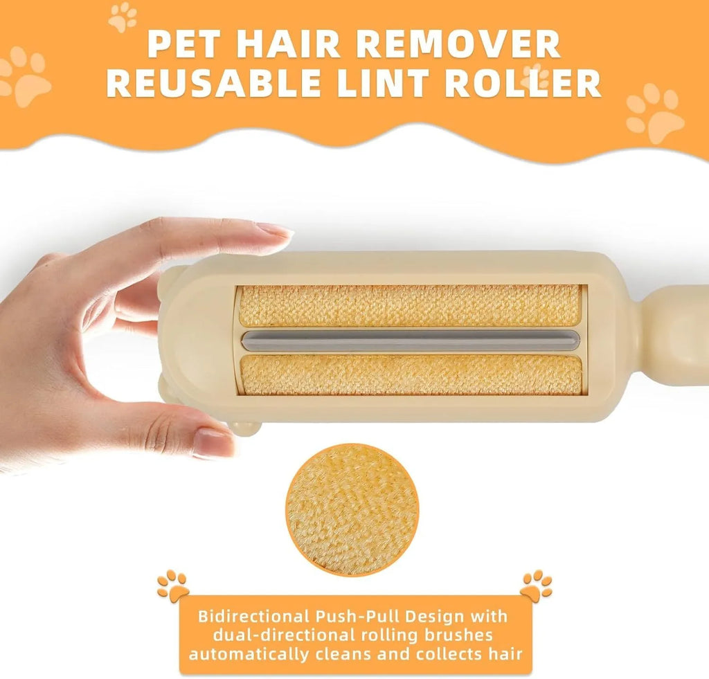 Blue pet hair remover roller with self-cleaning base on a carpet next to a dog.