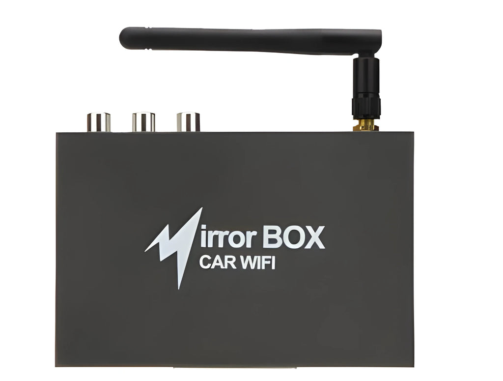 Black car mirror link box Wi-Fi converter with power cable, antenna, AV cable and user manual