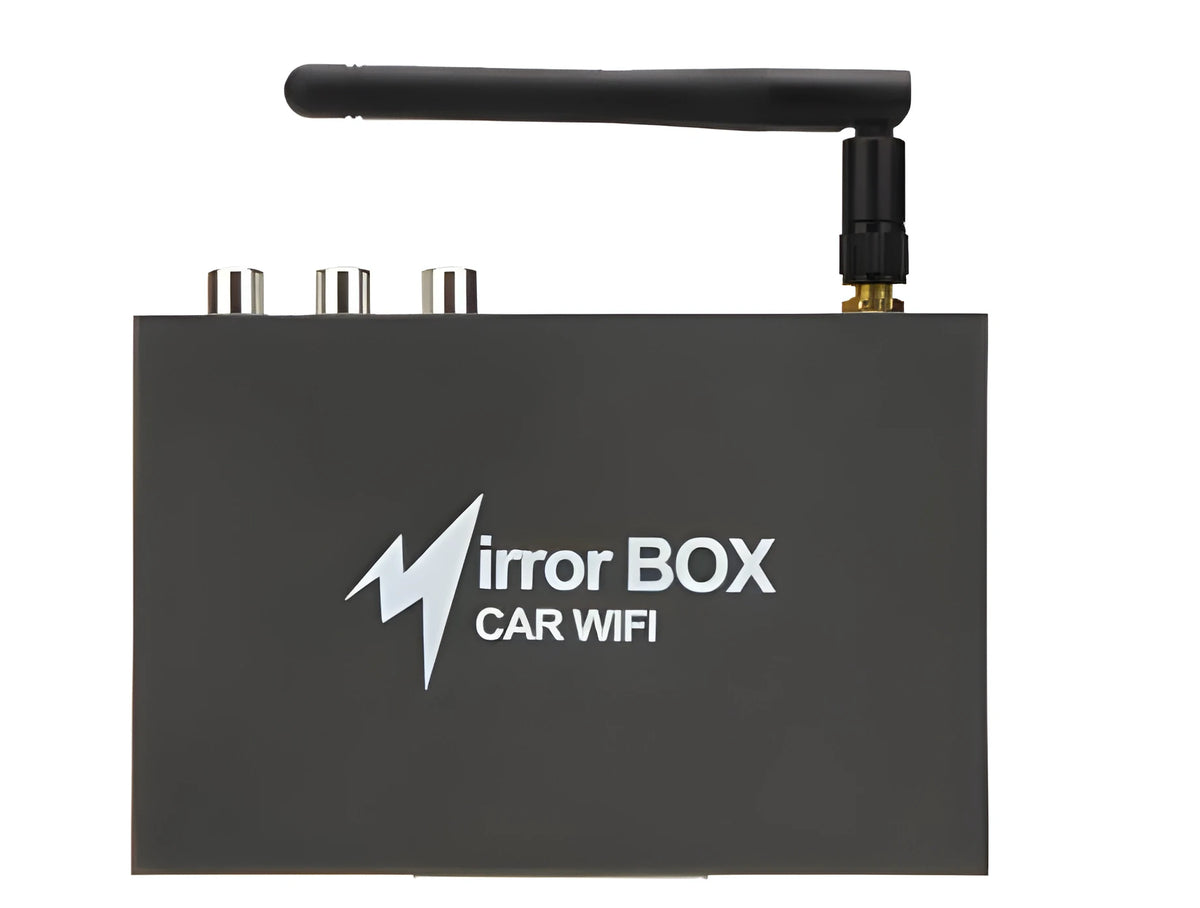 Black car mirror link box Wi-Fi converter with power cable, antenna, AV cable and user manual