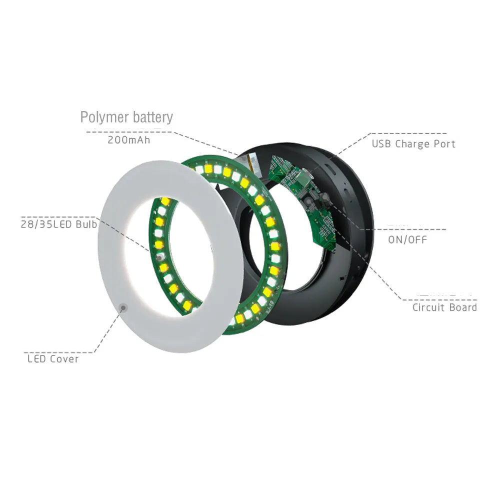 Compact black portable LED selfie ring light for mobile phones with USB cable
