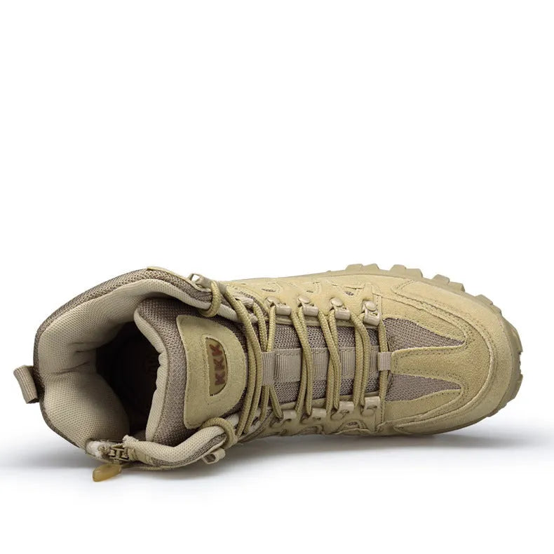 Men's black tactical boots with leather and velvet upper and rubber sole for outdoor use.