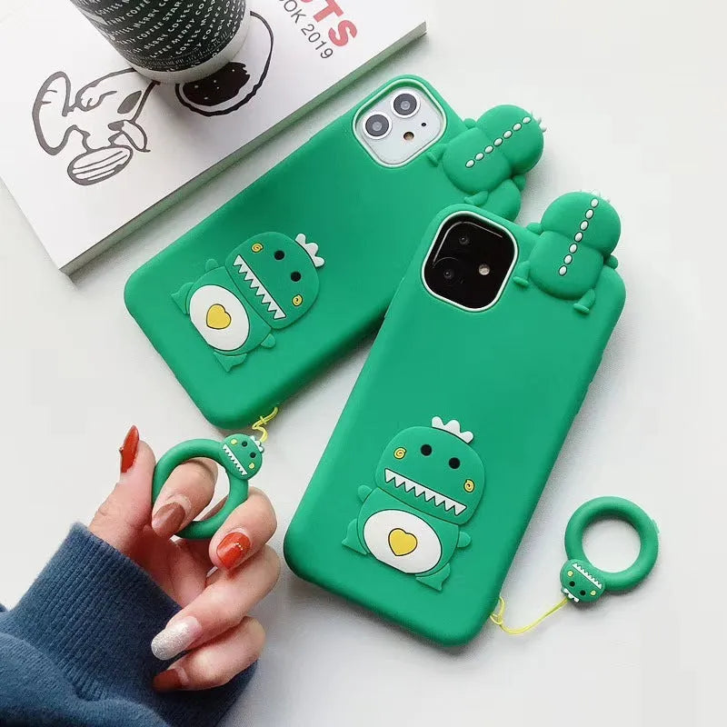 Green silicone iPhone case with cartoon animal design showing drop and water resistance features