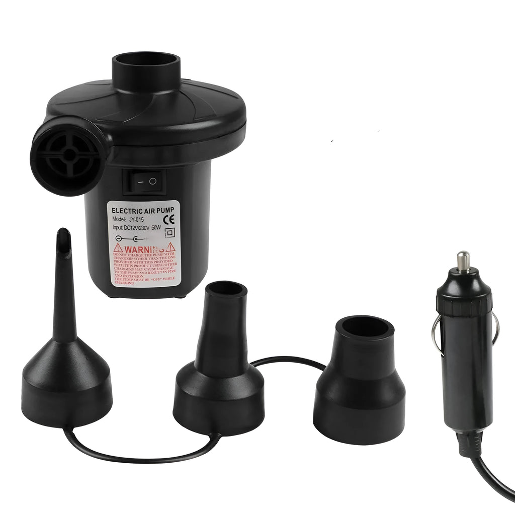 Black plastic 50W electric air pump with 150cm cable, 3 nozzles, 230V and 12V power options