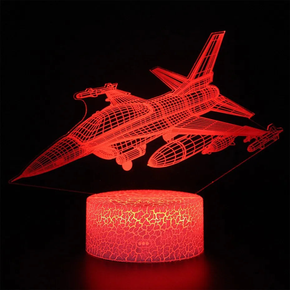 Cartoon airplane-shaped acrylic LED night light with a touch switch on a white background.