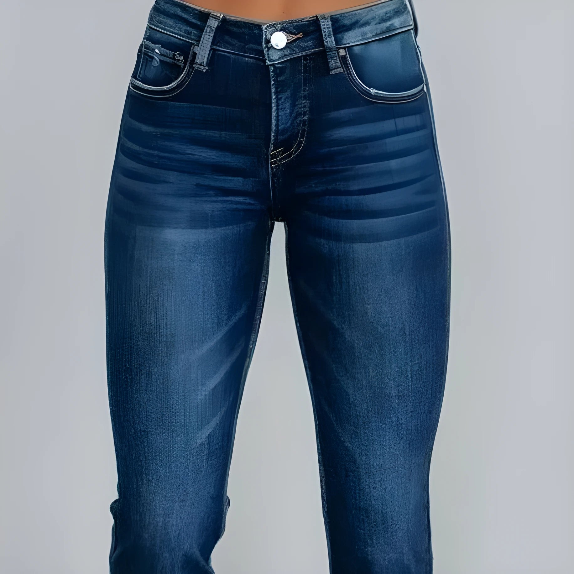 Women's dark blue casual denim jeans with hand-worn distressing on a solid cotton fabric