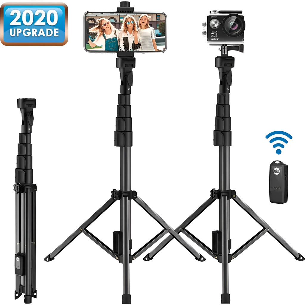 Black aluminium selfie stick tripod extended to full height with smartphone attached