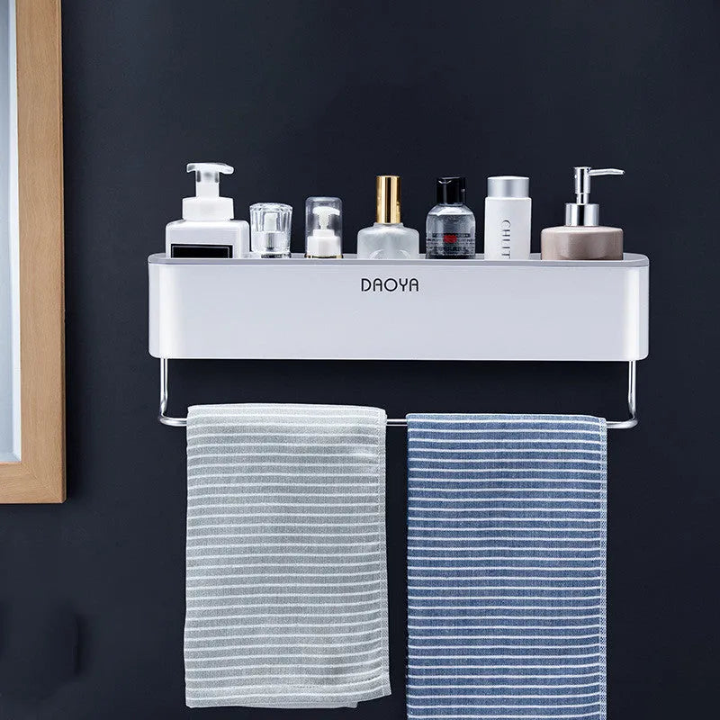 Plastic bathroom wall shelf with hole-free installation for shampoo and shower gel storage
