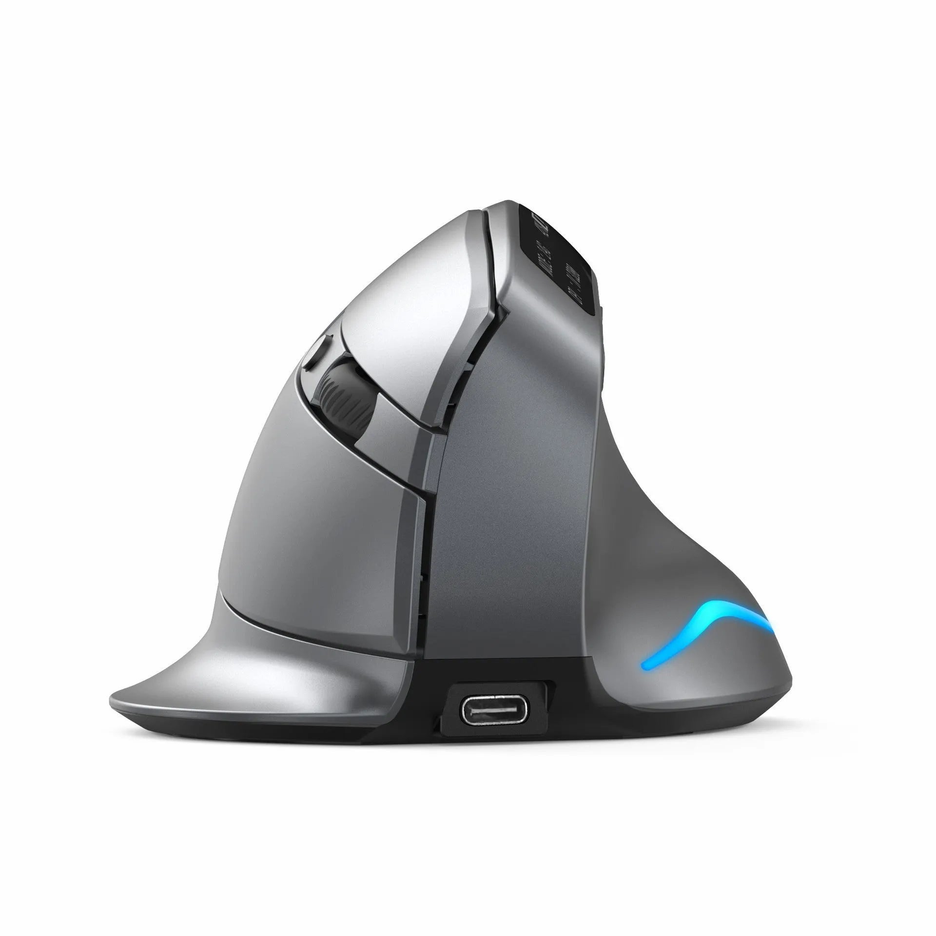 Grey handheld Bluetooth vertical mouse showing ergonomic grip design