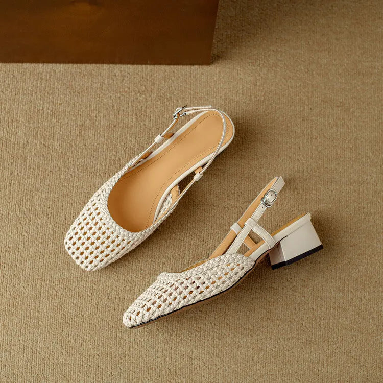 Women's beige woven closed toe sandals with a chunky 4cm heel and belt buckle fastening.