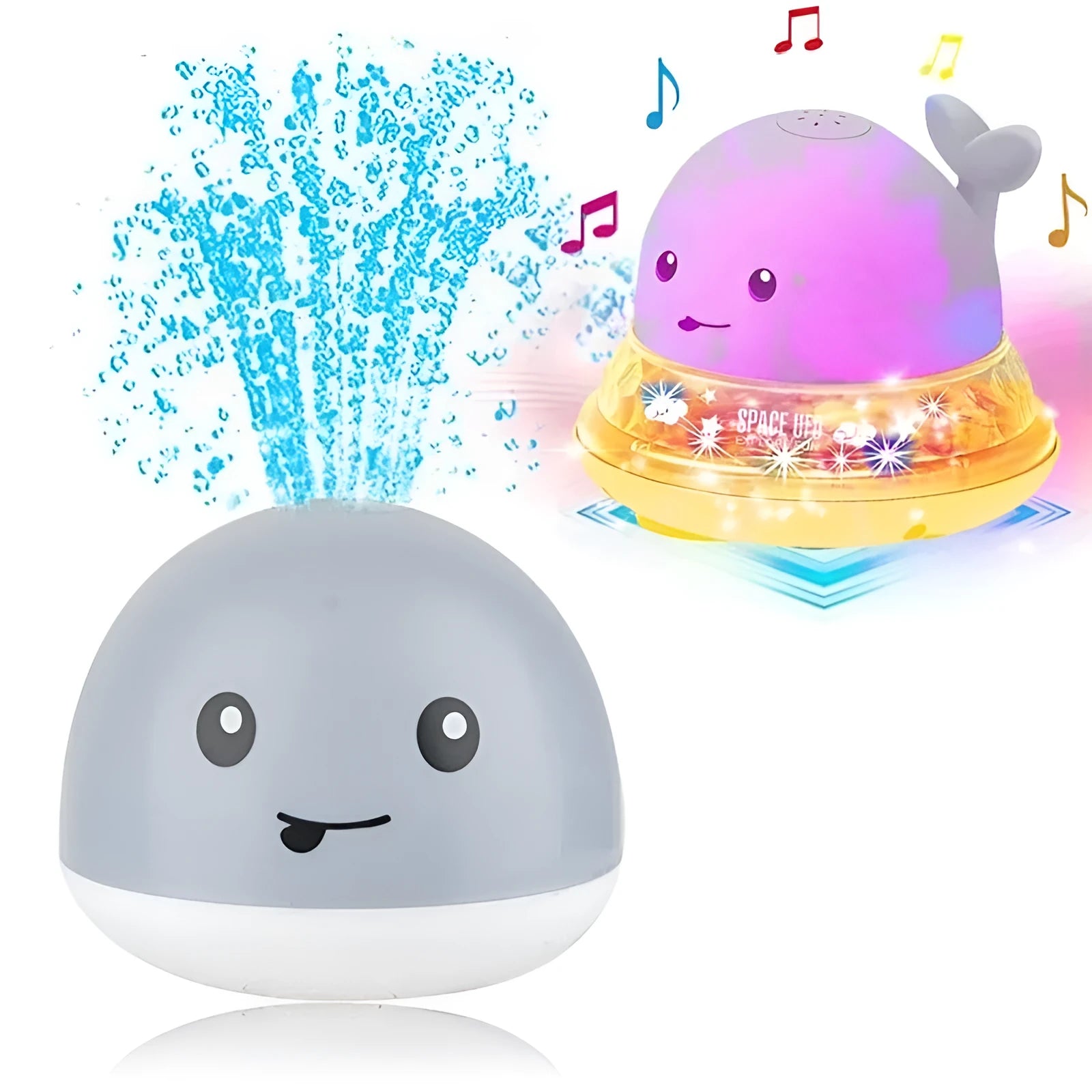 Whale-shaped electric bath toy spraying water with coloured LED lights, shown with base unit on blue background
