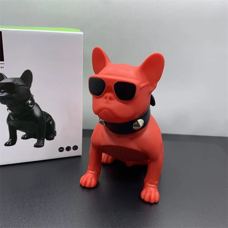 Mini portable Bluetooth speaker shaped like a bulldog in black, red, or white.
