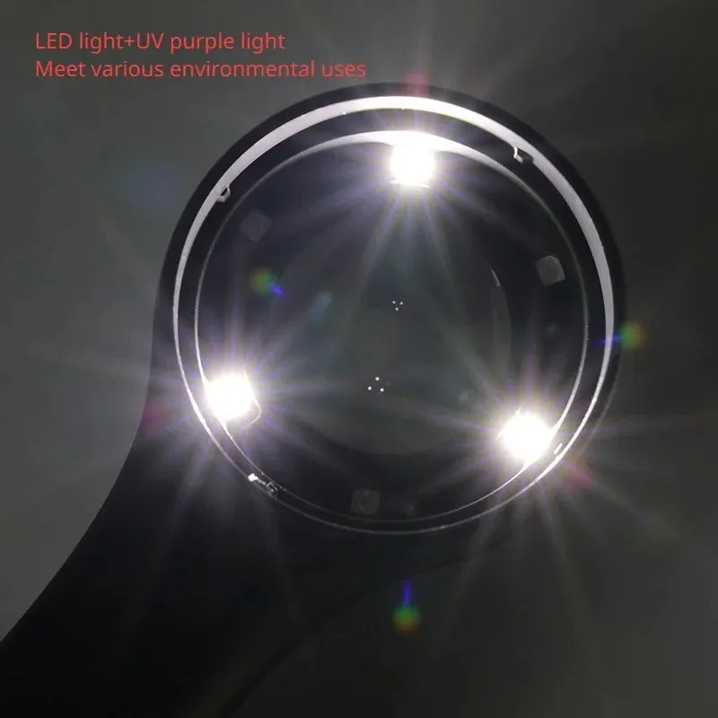 Black and silver magnifying glasses with optical glass lenses and LED illumination