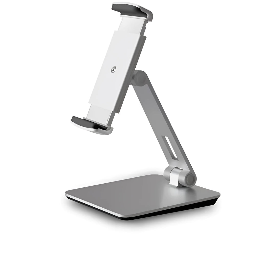 Foldable aluminium desktop phone and tablet holder in silver showing 360-degree rotation