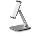 Foldable aluminium desktop phone and tablet holder in silver showing 360-degree rotation