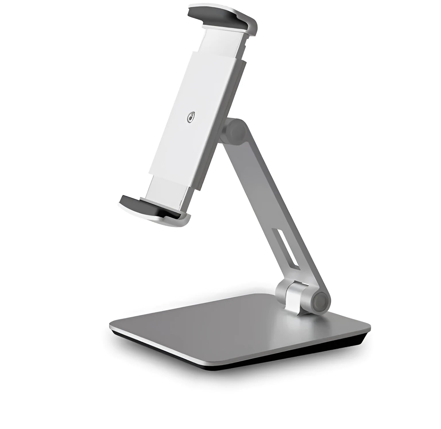Foldable aluminium desktop phone and tablet holder in silver showing 360-degree rotation