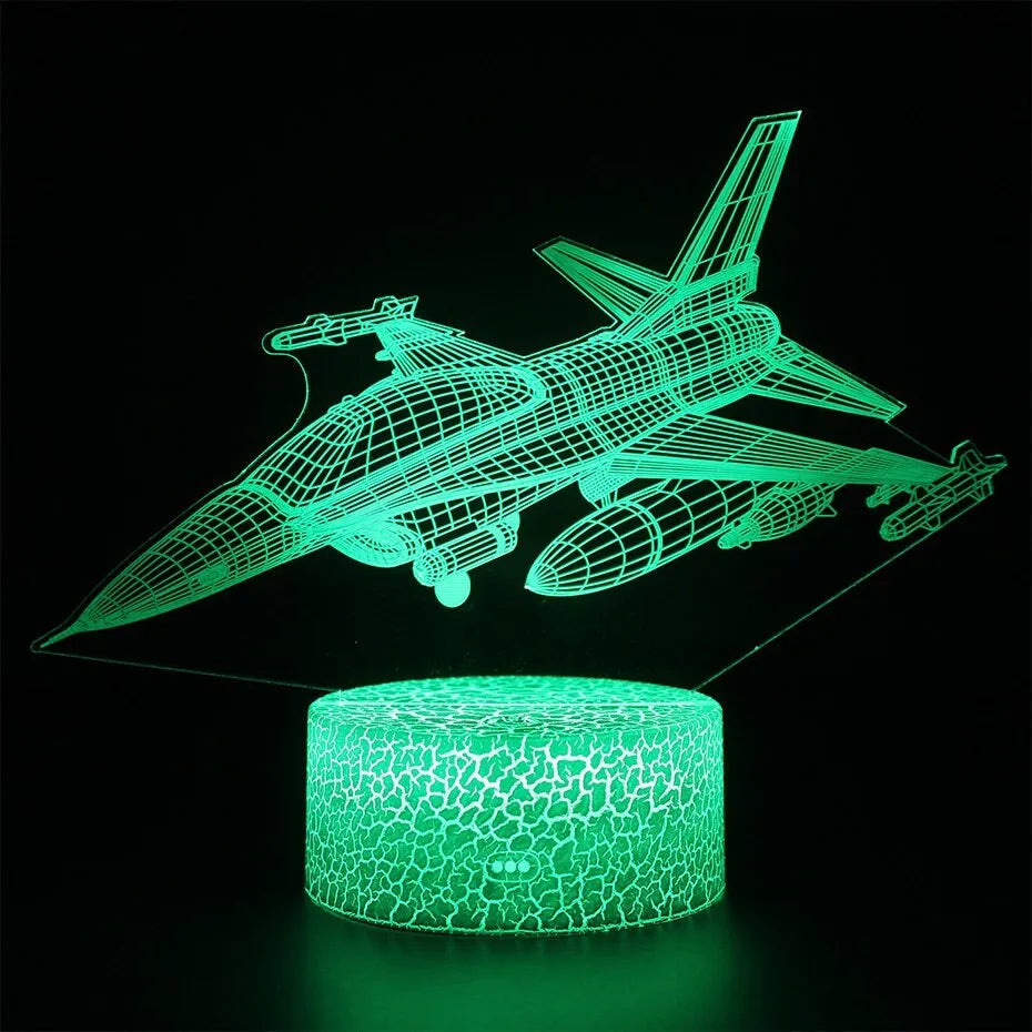 Cartoon airplane-shaped acrylic LED night light with a touch switch on a white background.