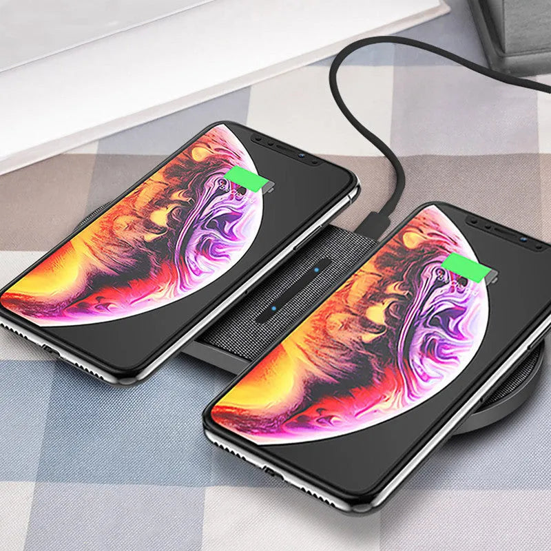 Black dual wireless charging station with two charging pads and Type-C USB cable