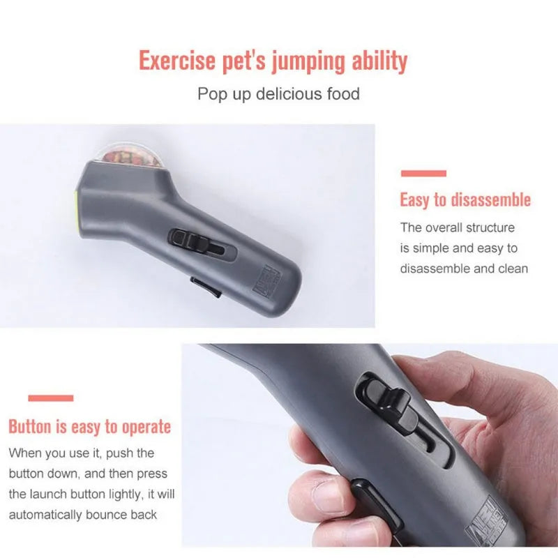 Grey plastic pet treat launcher catapult with ergonomic handle for dog and cat training