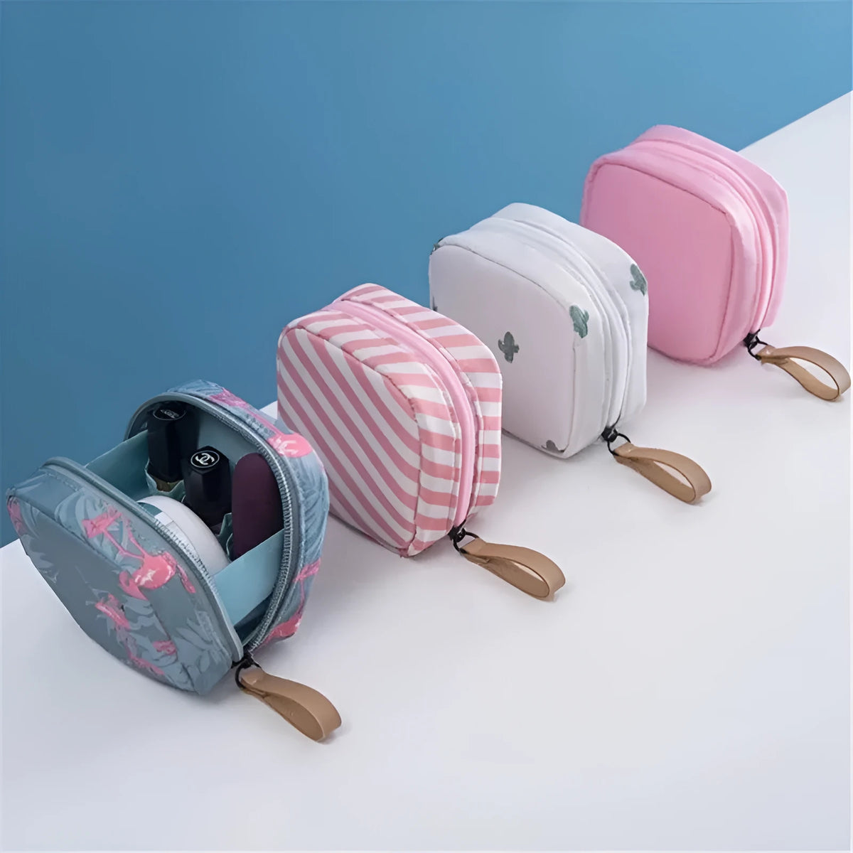 Blue cloth cube makeup storage bag showing cubic shape and plain-patterned material