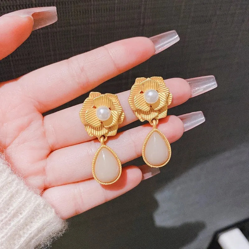 Gold colour Hong Kong style flower stud earrings with needle rose pearl and opal stone design