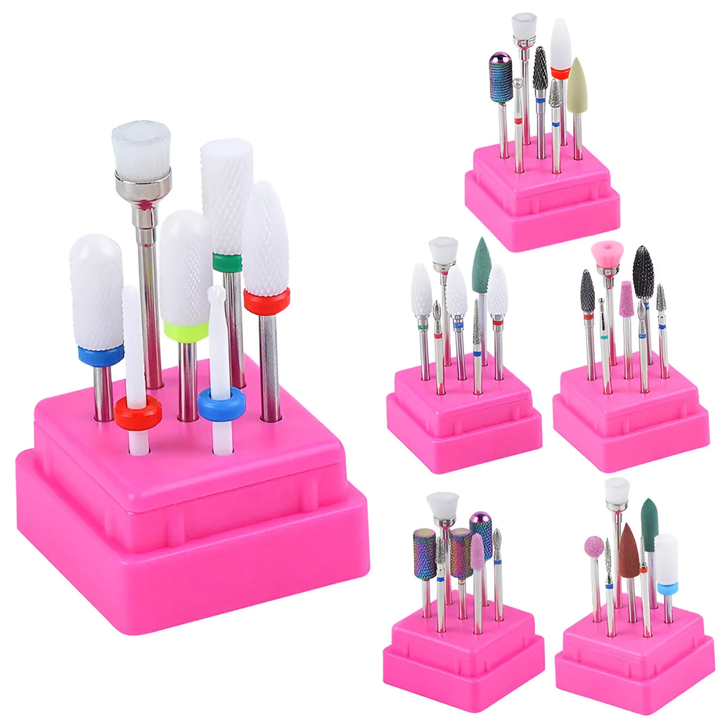 Tungsten steel nail drill polishing head set with six bits and a brush in a transparent case.