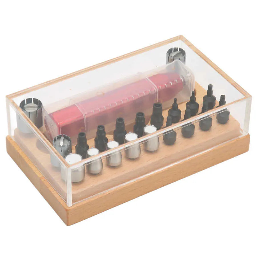 20-piece steel watch repair tool set for barrel opening with extracting tube open model in compact storage case