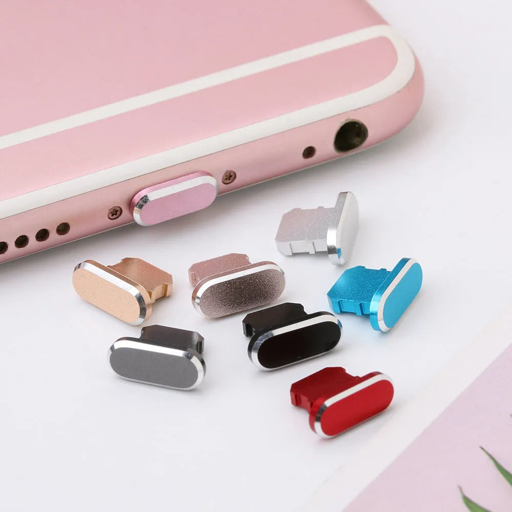 Aluminium alloy dust plug for iPhone charging port in various colours.