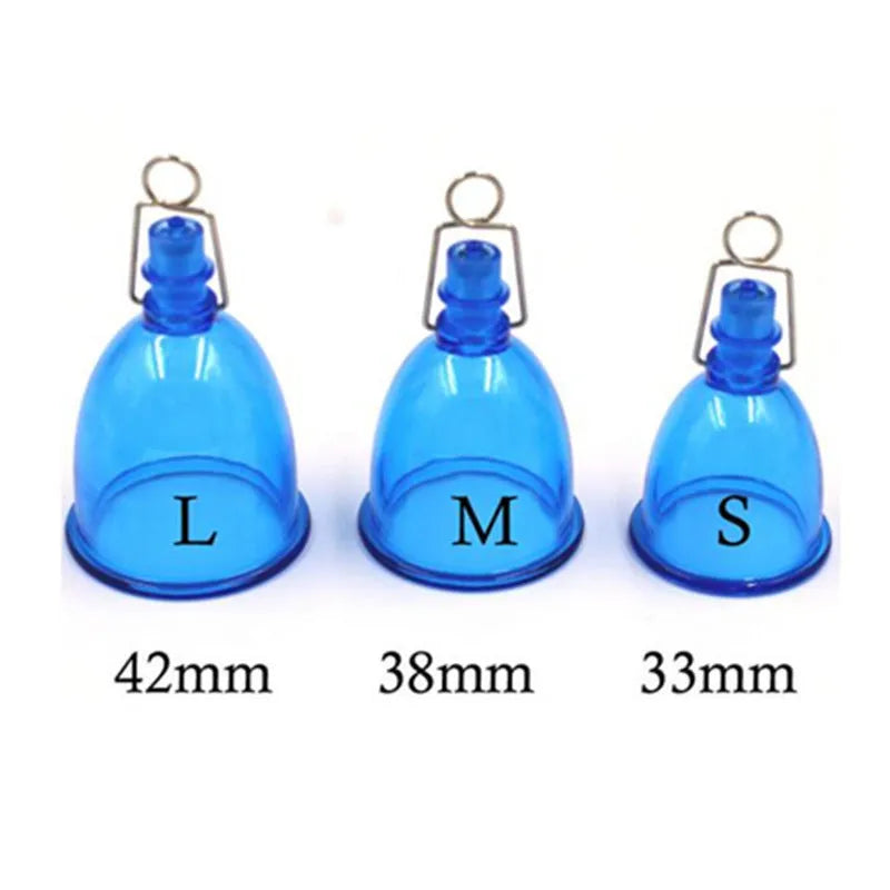 Blue silicone male masturbator cup shown in small, medium, and large size options.