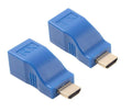 A pair of compact black HDMI extender units for transmitting 1080p video over a Cat-5e or Cat-6 network cable.