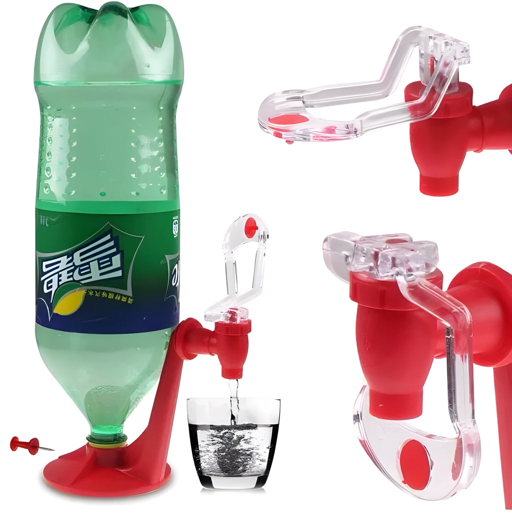 Red Magic Tap soda dispenser attached to 2-litre bottle with push-in mechanism for drink serving