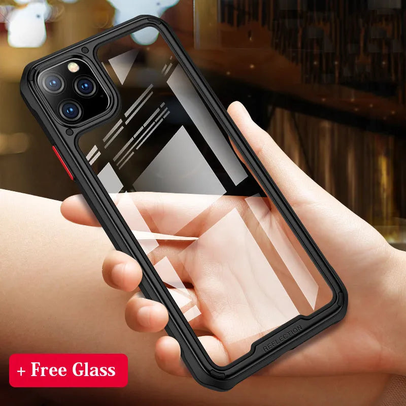 Transparent silicone and PU business style back cover case for Apple iPhone 11 Pro Max showing clear design and precise cut-outs