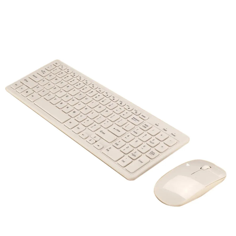Black wireless keyboard and mouse set with full 96-key layout and USB receiver on a desk
