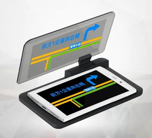 Grey universal smartphone holder with organic glass display for car navigation projection